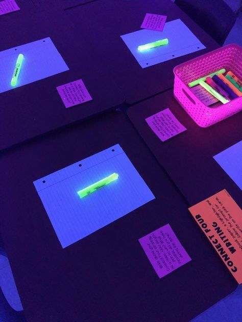 Glow Party Ideas For Classroom, Lighting For Classroom, Glow Night Games, Glow Room Transformation, Glow Day Kindergarten Activities, Glow Reading Activities, Glow In The Dark Reading Activities, Glow Day Reading Activities, Neon Theme Classroom