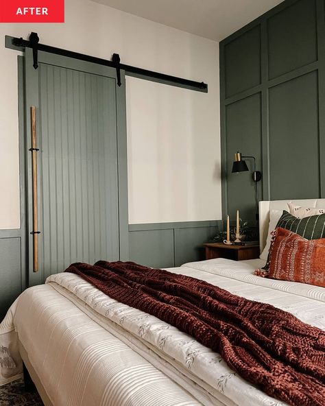 Green Sliding Door, Curtains For Wood Paneled Walls, Basement Master Bedrooms Decor, Painted Wainscoting Bedroom, Wainscoting Small Bedroom, Dark Green Wainscoting Bedroom, Closet Door Ideas Bedroom, Green Beadboard Bedroom, Wainscot Bedroom