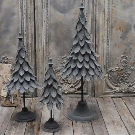 vintage french style christmas tree zinc metal French Christmas Tree, Christmas Tabletop Decor, French Christmas, Metal Christmas Tree, Tabletop Christmas Tree, Christmas Interiors, Metal Christmas, Boho Christmas, Vintage Christmas Tree