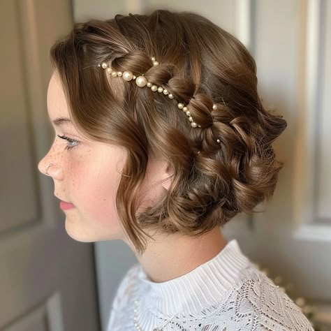 Quincera Hairstyles For Short Hair, Formal Hair For Short Curly Hair, Short Hair Styles For School Dance, Short Hair Flower Hairstyles, Short Curly Hair Homecoming Styles, Short Updos For Weddings, Short Hair Styles For Prom Shoulder Length, Ball Hairstyles For Short Hair, Short Hairstyles Formal