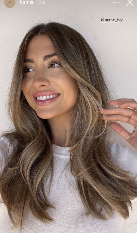 Honey Blonde Balayage Curtain Bangs, Green Eyes Dark Brown Hair, Level 6 Natural Hair Color, Brunette Hair Inspiration 2023, Minimalist Hair Color, Blended Light Brown Hair, Soft Baylage Brown Hair, Brown Hair With Creamy Blonde Highlights, Blonde Going Brown