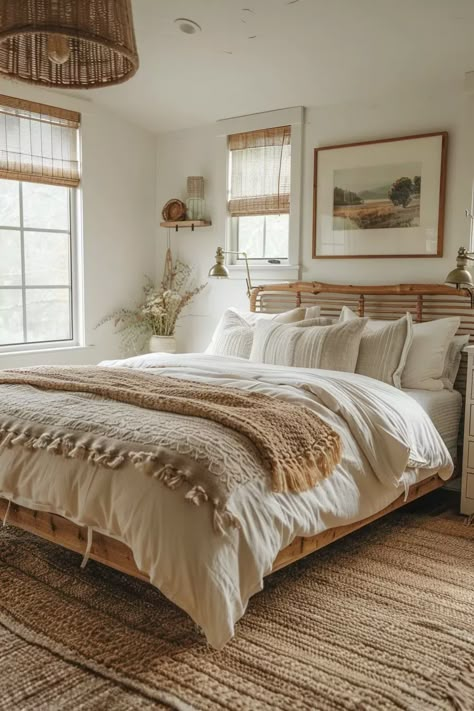 70+ Cozy Earthy Bedroom Ideas With Natural Elegance Bedroom Inspirations White Bed, Lake Home Bedroom Ideas, Cozy Earthy Bedroom Simple, White And Earth Tone Bedding, Happy Bedroom Ideas, Dream Bedroom Master Earthy, Earthy Bed Comforter, Modern Rustic Bedroom Decor, Utah Bedroom