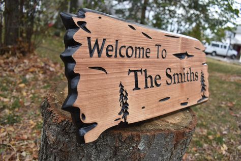 outdoor decor, customized gift, personalized gift, best gift, wood sign, wooden sign, carved wood sign, welcome sign, cabin decor handmade #HomeDecor #CustomizedGift #WoodSign #WoodenSign #PersonalizedGift #WelcomeSign #BestGift #CarvedWoodSign #CabinSign #SignGift Wooden Carved Signs, Cabin Signs, Carved Signs, Carved Wood Signs, Cottage Signs, 3d Cnc, Astuces Diy, Road Sign, Custom Wood Signs