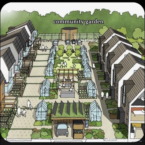 Sustainable Neighborhood Design, New Urbanism Neighborhood, Solar Punk House, Community Garden Architecture, Community Garden Design, Sustainable Urban Design, Eco Village Community, Eco Community, Neighborhood Design