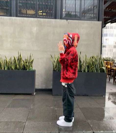 Bapesta Hoodie, Bape Y2k, Bape Shark Hoodie, Drippy Fits, Youth Photos, Bape Hoodie, Red Y2k, Shark Hoodie, New Dance Video