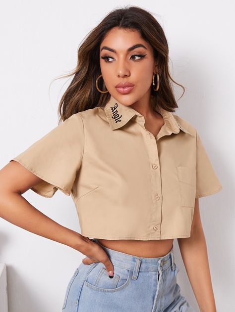 Khaki Casual  Short Sleeve Cotton Letter Shirt  Non-Stretch Summer Women Tops, Blouses & Tee Short Blouse Outfit, Crop Blouse Outfit, Crop Shirts For Women, Korean Fashion Dress, Crop Top Outfits, Women Blouses, Blouse Outfit, Crop Top Blouse, Fashion Design Clothes