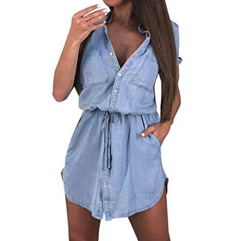 Jeans Dress Outfit, Blouse Dress Outfit, Short Sleeve Denim Dress, Casual Denim Dress, Denim Button Up Dress, Everyday Dress, Denim Patterns, Denim Blouse, Mini Robes