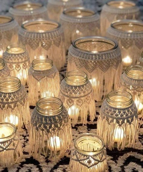 Macrame Jars, Macrame Candle Holder, Macrame Wedding Decor, Boho Glam Home, Macrame Wedding, Jar Lanterns, Moroccan Lanterns, Modern Macrame, Macrame Ideas