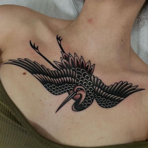 Crane Tattoo Chest, Black Crane Tattoo, Crane Chest Tattoo, Blackwork Crane Tattoo, Traditional Crane Tattoo, Korean Crane Tattoo, Black Crowned Crane Tattoo, Crane Bird Tattoo Japanese, Traditional Japanese Bird Tattoo