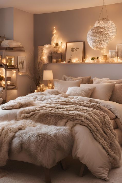 Tan Cozy Bedroom, Cosy Room Decor Bedroom Ideas, Soft Lighting Bedroom Ideas, How Should I Decorate My Bedroom, Soft Bedroom Lighting Ideas, Bedroom Ideas For Big Rooms Cozy, Bedset Ideas Aesthetic, Cozy Bedroom Couple, Dreamy Room Cozy Bedroom Relaxing