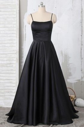 Black Spaghetti, Black Spaghetti Strap, Black Prom Dress, Prom Dress Inspiration, Black Prom, A Line Prom Dresses, Grad Dresses, Satin Prom Dress, Black Prom Dresses