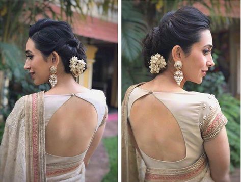 Hairstyle For Backless Blouse, Semi Sleeves Blouse Design, Backside Blouse Design, Mega Sleeves Blouse Design, Backside Pose, Saree Blouse Styles, Boat Neck Blouse Design, Backless Blouse Designs, Cutwork Blouse Designs