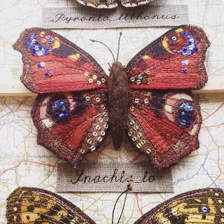 Heather Everitt, Fabric Insects, Peacock Butterfly, Moth Art, Textile Sculpture, Butterfly Frame, Ribbon Work, Fabric Baskets, Vintage Maps