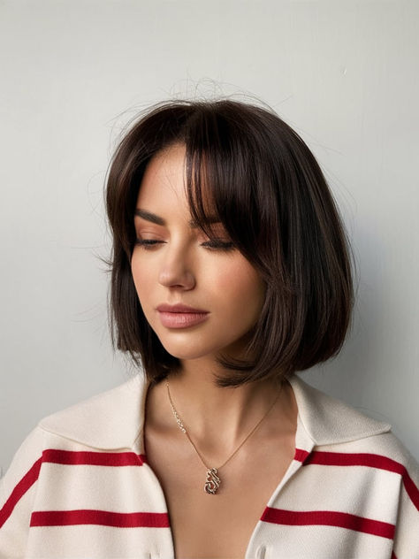 A chic, shoulder-length bob with soft curtain bangs framing the face. The haircut has a subtle texture that adds volume and movement, giving a fresh, modern look. Perfect for those wanting a stylish, low-maintenance cut that enhances natural beauty. Swoop Bangs With Short Hair, Rounded Bob With Curtain Bangs, Classic Bob With Curtain Bangs, Long Bangs With Bob, Choppy Short Bob With Bangs, Short Soft Layers, Short Hairstyle Bangs Women, Chin Bob With Curtain Bangs, Sharp Bob With Bangs