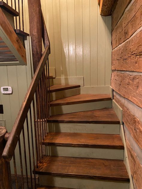 Cabin Staircase, Cabin Stairway, Cabin Loft Stair Ideas, Log Cabin Staircase, Rustic Cabin Staircase, Log Cabin Stairs, Stairs For Barn Loft, Cottage Staircase, Cabin Stairs