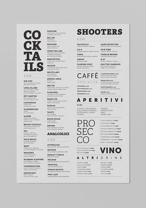 Malo 'Cocktail Cafè por Giuseppe Fierro Restaurant Drink Menu Ideas, Drinks Menu Restaurant, Bar Drinks Menu Design, Drink Menu Restaurant, Minimal Menu Design Cafe, Black And White Menu Design, Simple Menu Design Layout, Bar Food Menu Ideas, Drink Menu Design Bar