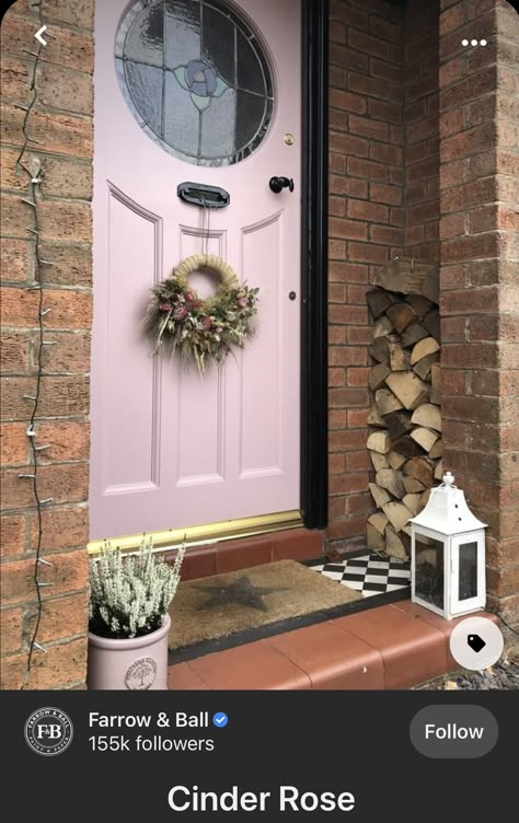 Pink Cottage Door, Cinder Rose Front Door, Whimsical Front Door, Pastel Front Door, Pink Front Door Brick House, Pink Door Exterior, Apartment Front Doors, Vintage Bedroom Styles, Cottage Front Doors