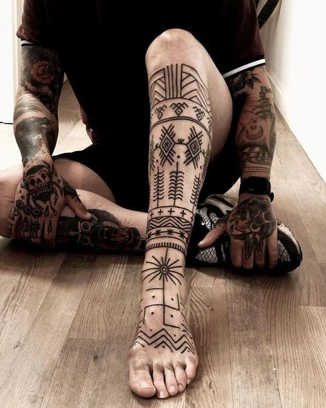 Lower Leg Tattoos For Men, Leg Tattoo Designs, Leg Tattoos For Men, Traditional Viking Tattoos, Leg Band Tattoos, Berber Tattoo, Band Tattoos For Men, Leg Tattoo Ideas, Lower Leg Tattoos