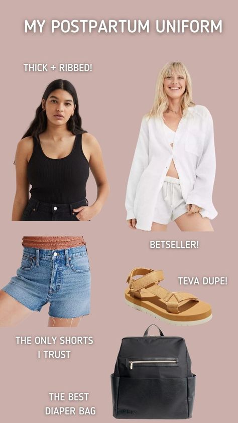 postpartum outfit idea. black ribbed tank, white oversized button down, blue denim shorts, teva sandals from target, and my fave diaper bag! Breastfeeding Outfits Summer, Summer Nursing Outfits, Nursing Friendly Outfits Summer, Postpartum Outfits Summer, Breastfeeding Outfits, Breastfeeding Friendly Outfits, Nursing Friendly Outfits, Summer Thrift, Postpartum Nursing