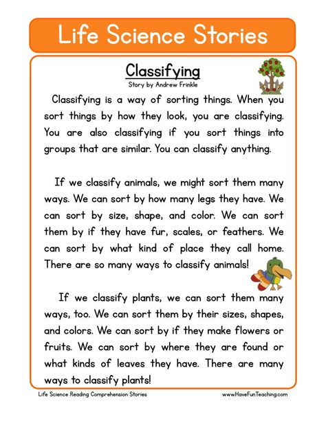 This Reading Comprehension Worksheet - Classifying is for teaching reading comprehension. Use this reading comprehension story to teach reading comprehension. Science Reading Comprehension, Ingles Kids, First Grade Reading Comprehension, Reading Comprehension For Kids, Teaching Reading Comprehension, English Stories For Kids, Reading Comprehension Lessons, Science Stories, Science Reading