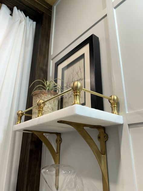 One Room Challenge: Guest Bathroom – The Reveal — Lone Oak Design Co. Marble Shelves Bathroom, Marble Bathroom Shelf, Styled Bathroom Shelves, Vintage Bathroom Shelves, Marble Shelf Bathroom, Gallery Railing, Marble Shelves, Upscale Bathroom, Diy Shelves Bathroom