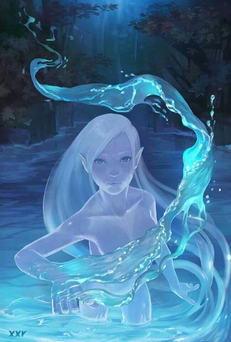 Water elf Water Magic Fantasy Art, Water Elf Art, Water Goddess Character Design, Water Sorceress Fantasy Art, Water Elf, Goddess Of Water Fantasy Art, Water Nymph, Water Fairy, Water Spirit