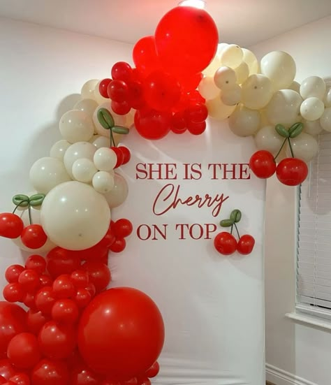 Cherry Theme Party Decorations, Cherry 30th Birthday, White And Red Party Theme, Cherry 21st Birthday, Cherry On Top Birthday Theme, Cherry Theme Bachelorette Party, Shes The Cherry On Top Theme, She’s The Cherry On Top Baby Shower Theme, Cherry On Top Party Theme