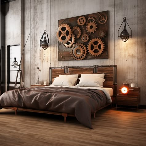 Industrial Themed Bedroom, Industrial Theme Bedroom, Steampunk Aesthetic Room, Steampunk Room Ideas, Feminine Industrial Bedroom, Steam Punk Bedroom, Steampunk Living Room, Steampunk Bedroom Ideas, Industrial Loft Bedroom