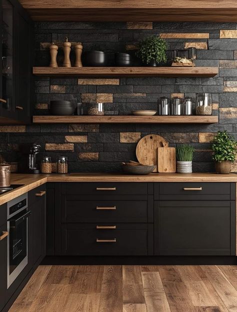 Cozy Cabin Kitchen, Trendy Kitchen Design, Black Modern Kitchen, Kitchen Improvements, Dream Kitchens Design, Kitchen Backsplash Designs, Kitchen Remodel Inspiration, Rustic Kitchen Design, Cabin Kitchens