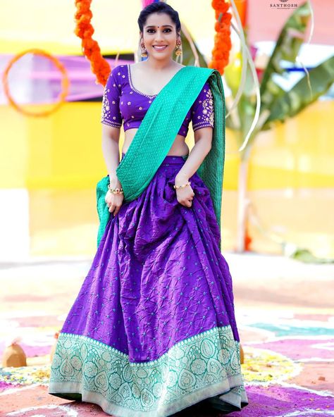 Violet Half Saree, Lehenga Photoshoot, K Background, Banaras Lehenga, Rashmi Gautam, Color Video, Gown Party Wear, Lehenga Style, Half Saree Designs