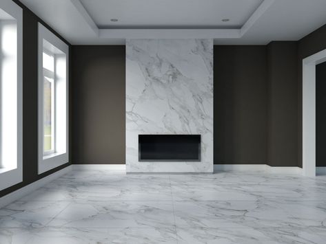 Marble Floor Wall Color, Carrara Marble Floor Living Room, Wall Paint Color For White Floor Tiles, Quartz Fireplace Wall, Marble Fireplace Wall, Marble Wall Living Room, Marble Floor Living Room, Dark Painted Walls, Modern Fireplace Ideas Living Rooms