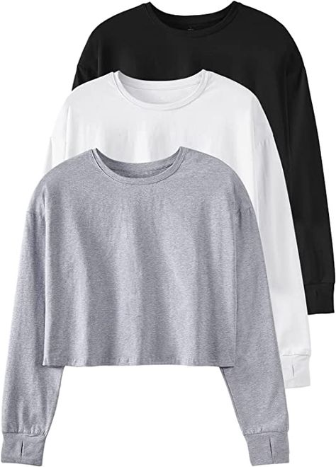 Amazon.com: Cosy Pyro Womens Long Sleeve Crop Tops Athletic Casual Cropped Cotton Workout Sweatshirt with Thumb Hole : Sports & Outdoors Long Sleeves Tshirt Women, Black Workout Top, Loose Crop Top Outfits, Crop Top Winter, Baggy Crop Top, Full Sleeves Top, Full Sleeve Crop Top, Long Sleeve Tshirts, Gym Tops Women