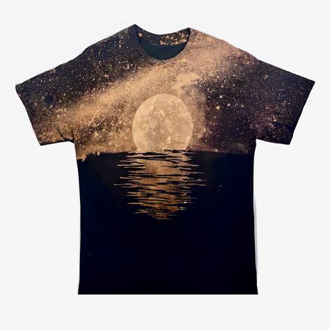 "Handmade, Unique and Quality Black 100% Cotton Moon Galaxy Water T-shirt made to order with original artwork stencil and bleach. Handmade Ocean Acid Wash, Reverse Tie dye, Bleached and Distressed One of a Kind Beach Graphic Tee. Soft Preshrunk Unisex Shirt Size Medium to 2XL For oversized look, order a larger size  Size chart can be found with product photos.  T-shirt is made with 100% ring spun cotton to ensure comfort, durability, and softness that lasts. Designed with high stitch density, do Bleached Shirt With Vinyl, Bleach T Shirt Designs, Bleached Sweatshirt Ideas, Bleach T Shirt Ideas, Paint With Bleach, Grunge Shirt Design, Bleach Shirt Ideas, Bleach Dye Designs, Bleach Tshirt Designs