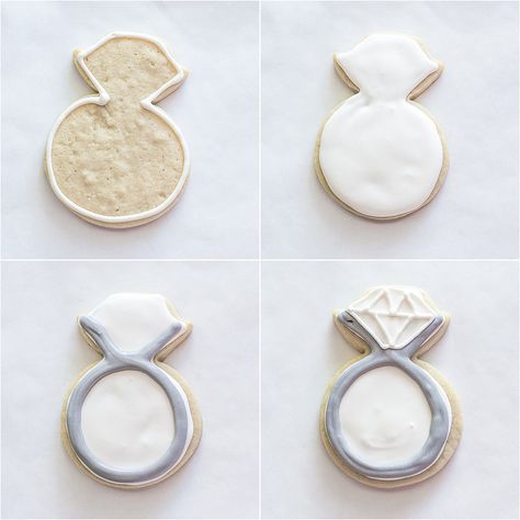 Diamond Ring Royal Icing Engagement Cookies - recipe & step by step tutorial Easy Bridal Shower Cookies, Ring Sugar Cookies, Ring Cookies Decorated, Engagement Cookies Ideas Simple, Easy Engagement Cookies, Diamond Ring Cookies, Engagement Ring Cookies, Engagement Ring Cookies Royal Icing, Engagement Ring Decorated Cookies