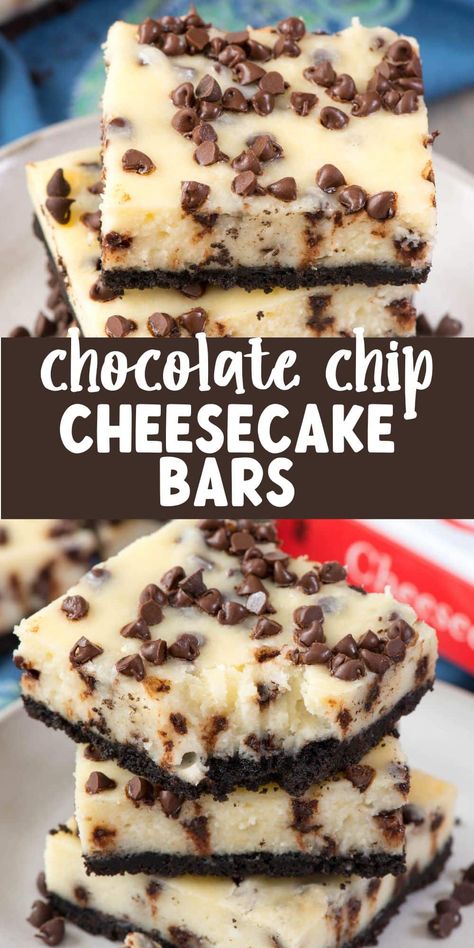 Perfect Chocolate Chip Cheesecake Bars are thick and creamy and really are the perfect cheesecake recipe with Oreo crust made in a 9x13 pan! These are so good - everyone loves how much chocolate there is! Baked Cheesecake In 9x13 Pan, Chocolate Chip Cream Cheese Pie, Cheesecake In A Pan, Cake Pan Cheesecake, Oreo Chocolate Chip Cheesecake Bars, Chocolate Cheesecake Bars 9x13, Sheet Pan Cheesecake Bars, 13 X 9 Cheesecake Recipes, Cheesecake Recipes 9x13 Pan