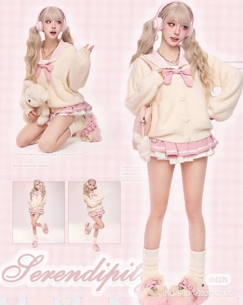 Scene Outfits Ideas, Pink Pastel Outfit, Sweater Reference, East Asian Aesthetic, Sweater Poses, Japanese Idol Outfits, Patterns Outfit, Pink Korean, Outfit Coquette