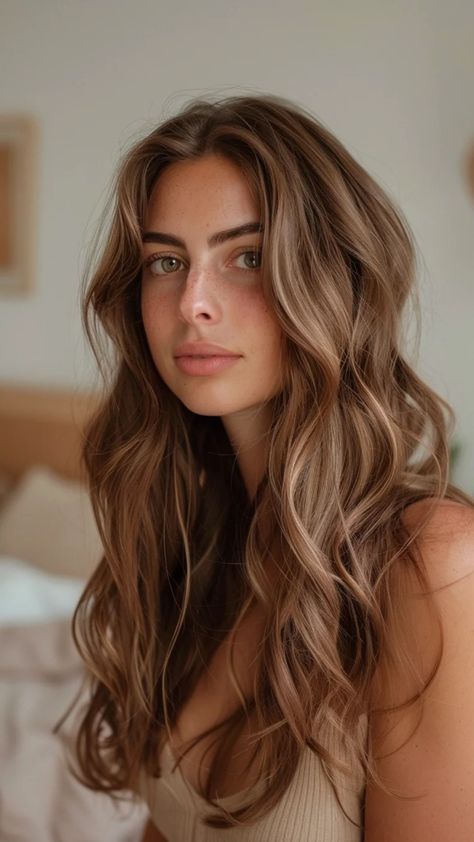 Young woman with long, wavy brown hair gazing softly at the camera indoors. Hair Color Dark Blonde Caramel, Chestnut Bronde Balayage, Wedding Hair Light Brown, Reverse Balayage Light Brown, Subtle Balayage Dark Blonde, Old Money Brunette Bronde, Highlight On Light Brown Hair, Balage Brown, Dark Blonde Hair Color Ideas Caramel