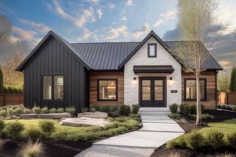 This contemporary rustic house plan has a mixed material exterior and is equally suitable for the country or the suburbs. It gives you 3 beds, 2 bathrooms and 1,568 square feet of heated living. French doors open to reveal the great room with 11' ceilings and  a wood burning fireplace. Optional faux beams come with the plans. A door on the back wall between the island kitchen and walk-in pantry takes you outside. The master suite is on the right side and has a small vestibule adding privacy 1400sq Ft House Plans, 3 Bed 2 Bath Small House Plans, Scandinavian House Plans 3 Bedroom, Small Barndominium Plans, 3 Bedroom House Plans With Garage, Two Toned House Exterior, Rustic Contemporary Home Exterior, Wood Siding House Exterior, Small Modern Farmhouse Exterior