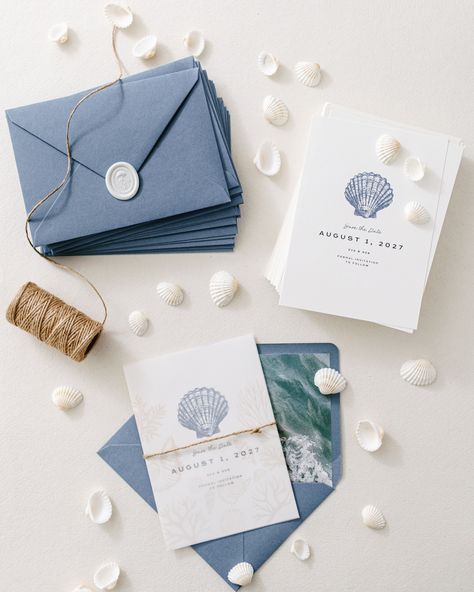 A closer look at our ocean-themed Save the Date 🌊 🐚 She’s called ‘Marblehead’ and we created her for all those couples out there who simply can’t get enough of that beach life 🏖️ The Save the Date is adorned with a blue watercolor seashell. As you can see in the other photos we’ve also created a sea shell vellum wrap to compliment it perfectly. If you really want to up your save-the-date game why not pair it with some dusty blue envelopes 💙, an ocean-themed envelope liner 🌊, and jelly fish... Sea Theme Wedding, Save The Date With Photo, Wedding Reception Timeline, Watercolor Save The Date, Vellum Wrap, Seashell Wedding, Wedding Girl, Blue Envelopes, Wedding Gift Registry