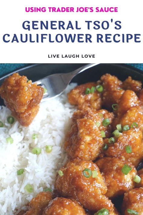 Presenting a very quick & easy meal, General Tso’s Cauliflower, using Trader Joe’s Ready-made General Tso’s Sauce. #generaltsocauliflower #quickandeasyrecipes #traderjoessauce #easylunchanddinnerideas | cauliflower recipes general tso baked Cauliflower And Rice, General Tso Cauliflower, Easy Lunch Snacks, General Tso's Cauliflower, Baked Cauliflower Recipe, Baked Cauliflower Bites, General Tso Sauce, General Tso, Cauliflower Recipe