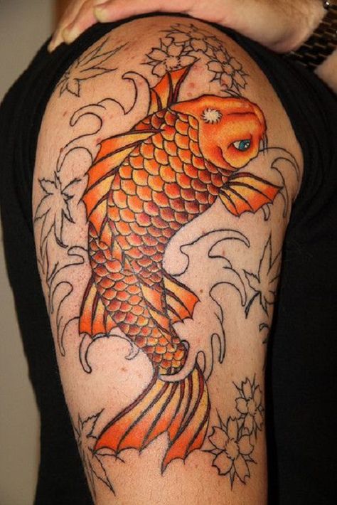 Orange Japanese Koi Fish Tattoo Japanese Tattoo Koi, Koi Fish Tattoo Meaning, Coy Fish Tattoos, Japanese Tattoo Meanings, Nick Jackson, Black Koi Fish, Japanese Koi Fish Tattoo, Orange Koi, Koi Tattoo Design