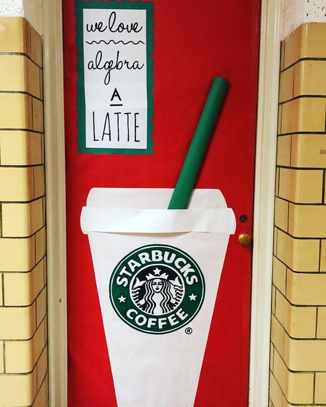 Starbucks Classroom Door Decoration Christmas Math Cafe Classroom, Coffee Door Decorations For School, Starbucks Classroom Door, Starbucks Bulletin Board, Starbucks Door Decoration, Starbucks Classroom Transformation, Starbucks Classroom Theme, Starbooks Cafe Classroom, Holiday Classroom Door Decorations