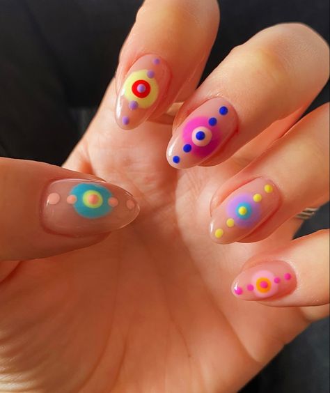 Easy Nail Dot Designs, Colorful Dots Nails, Colorful Dot Nails, Rainbow Polka Dot Nails, Dotticure Nail Art, Dot Nails Designs, Nail Dotting Designs, Nail Art With Dotting Tool, Kidcore Nails