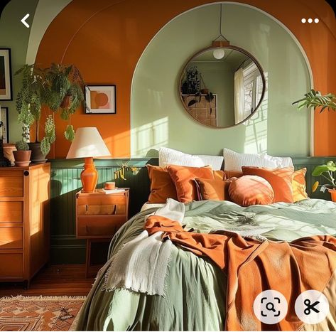 Orange Rustic Bedroom, Orange Wall Bedroom Decor, Dark Orange Bedroom Ideas, Terracotta With Green, Sage Orange Bedroom, Bedroom Ideas Orange And Green, Bedroom Decor Green Bedding, Bedroom Ideas Quirky, 70s Bedroom Inspiration