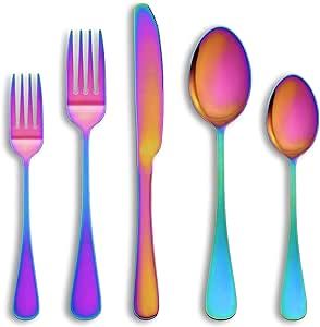 【30 PCS RAINBOW SILVERWARE SET FOR 6】: This colorful silverware set comes with 6 Dinner Knife, 6 Dinner Forks, 6 Dinner Spoons, 6 Salad/Dessert Fork and 6 Dessert/Tea Spoons, essential for families or restaurants. The set is also an irreplaceable dining tool whether it is for daily use or for preparing dinners or parties. Dessert Tea, Tea Spoons, Dessert Fork, Forks And Spoons, Stainless Steel Flatware, Tableware Set, Spoon Set, Serving Set, Utensil Set