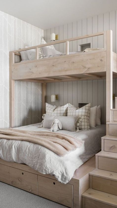 #bedroominspo Double Cabin Bed Ideas, Double Deck Bed Ideas For Adults, Adult Bunk Beds For Small Room, Aesthetic White Bedroom, Paint Ideas Home, Play Loft, Bunker Bed, Bunk Room Ideas, Kids Room Grey