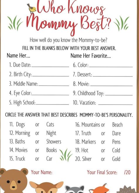 This woodland baby shower themed game will help you find out Who Knows Mommy Best at the baby shower. #woodlan… | Who knows mommy best, Baby shower, Baby boy shower Safari Baby Shower Girl, Baby Shower Game Cards, Who Knows Mommy Best, Free Baby Shower, Baby Shower Woodland Theme, Safari Baby Shower, Baby Shower Fun, Safari Baby, Baby Shower Fall