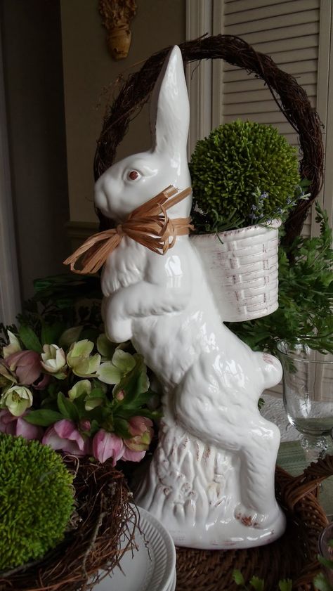 Ceramic Bunnies, Bunny Planter, White Hare, Spring Greenery, Easter Things, Upstairs Downstairs, Peter Cottontail, Easter Tablescapes, Ceramic Bunny