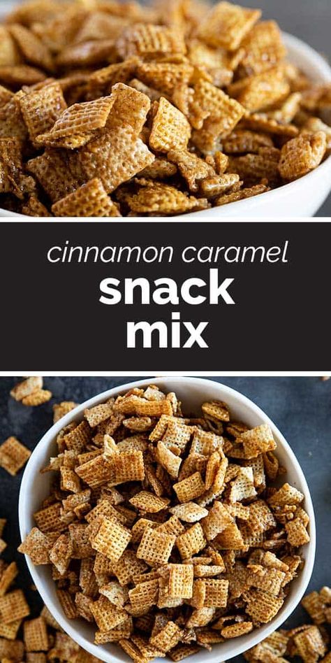 Sweet with a hint of cinnamon - this Cinnamon Caramel Snack Mix is easy to make and great for snacking! Perfect for movie night, lunch snacks, or just when you feel like a sweet snack. Cinnamon Life Cereal Treats, Cinnamon Life Cereal Recipes, Cereal Recipes Snacks, Caramel Snack Mix, Cinnamon Chex Mix, Special Deserts, Cinnamon Chex, Life Cereal, Baked Caramel