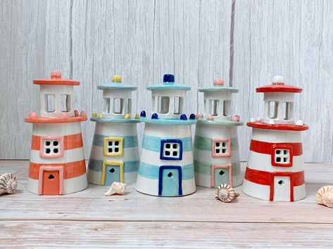 Handmade Ceramic Fairy House Lighthouse Style Blue White - Etsy Czech Republic Ceramic Fairy House, Houses Decor, Ceramic Fairy, Clay Houses, Raku Ceramics, Pottery Gifts, Ceramic Handmade, Pink Garden, Diy Pottery